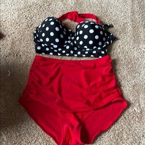 Polka Dot Bikini Top and Red High-Waisted Bottoms this runs small